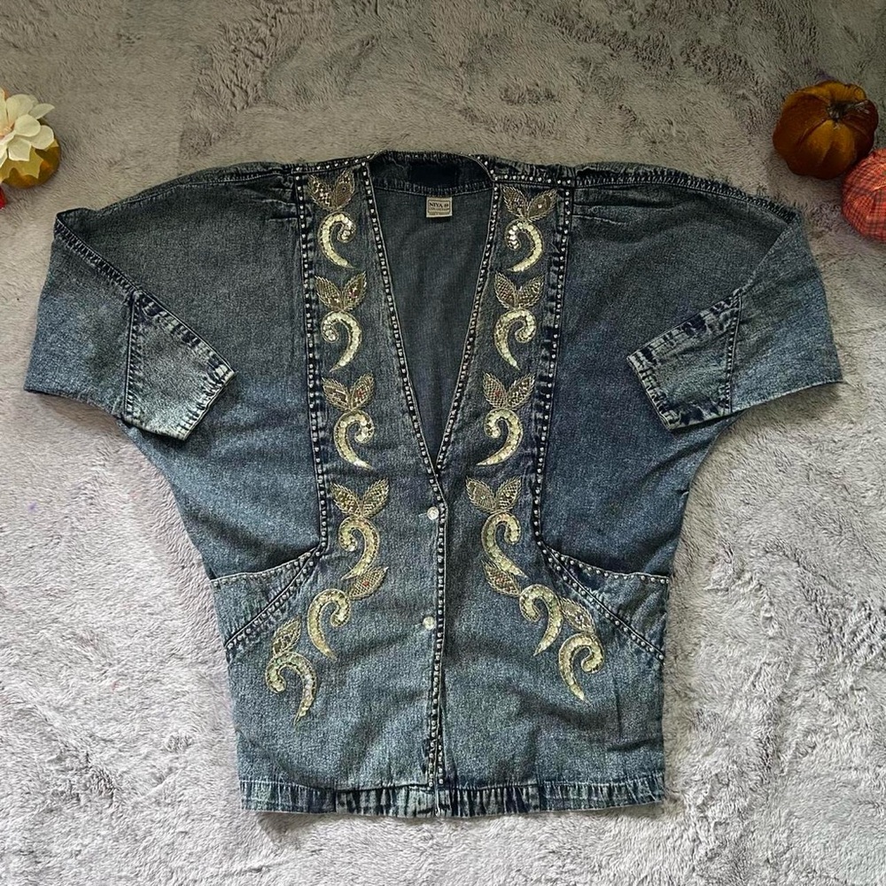 NY Collection Denim Jacket with Silver Studs